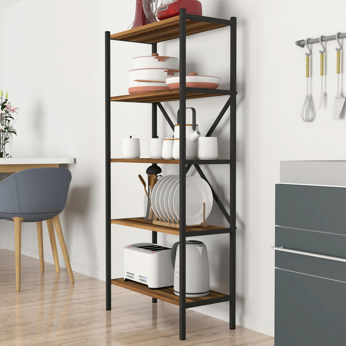 STANDREGAL Tomelilla - Anthrazit/Walnussfarben, Holzwerkstoff/Metall (66/160/34cm) - [en.casa]