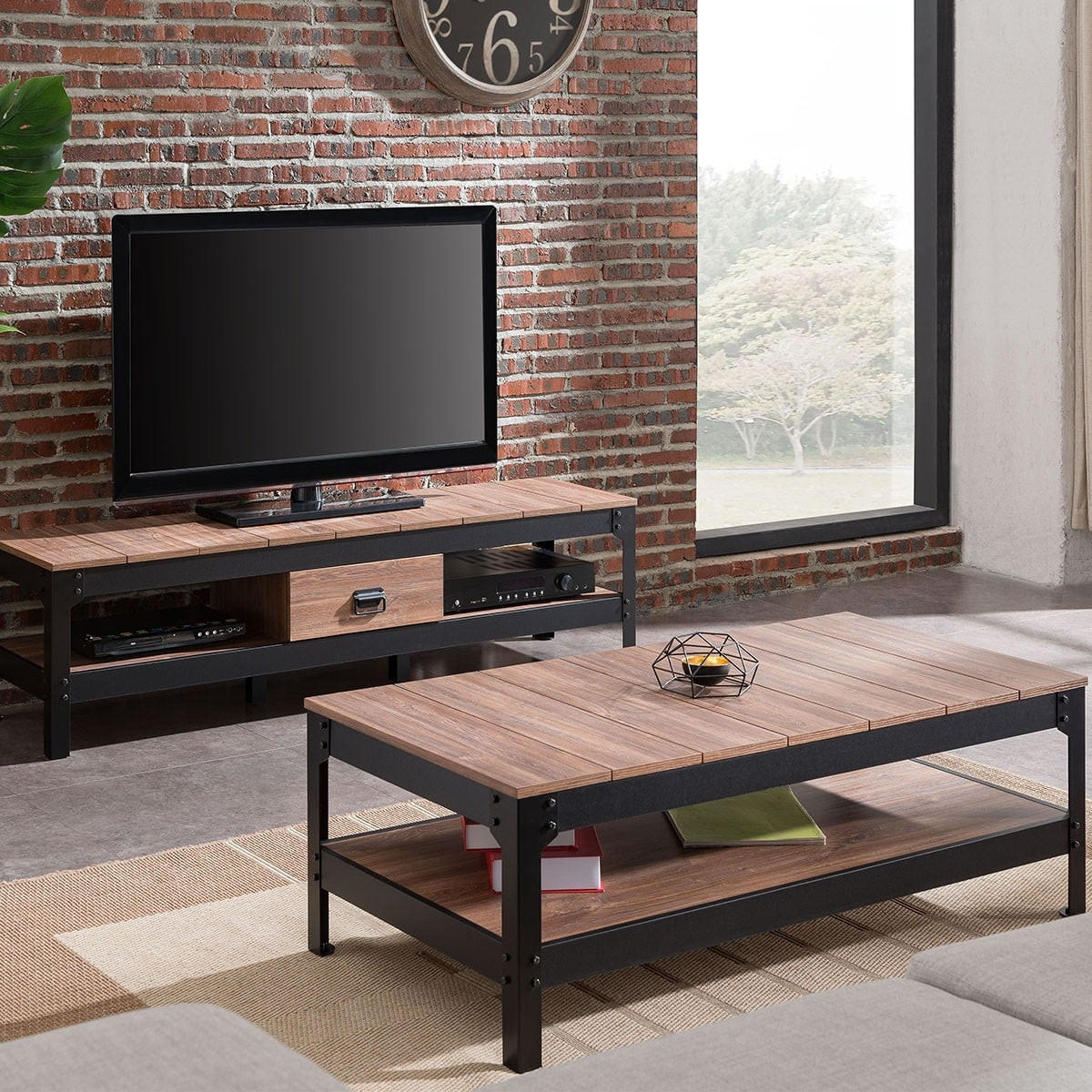 COUCHTISCH aus schwarzem Metall und Holz - L117cm - Schwarz, Holzwerkstoff (117.3/60/40cm) - Calicosy