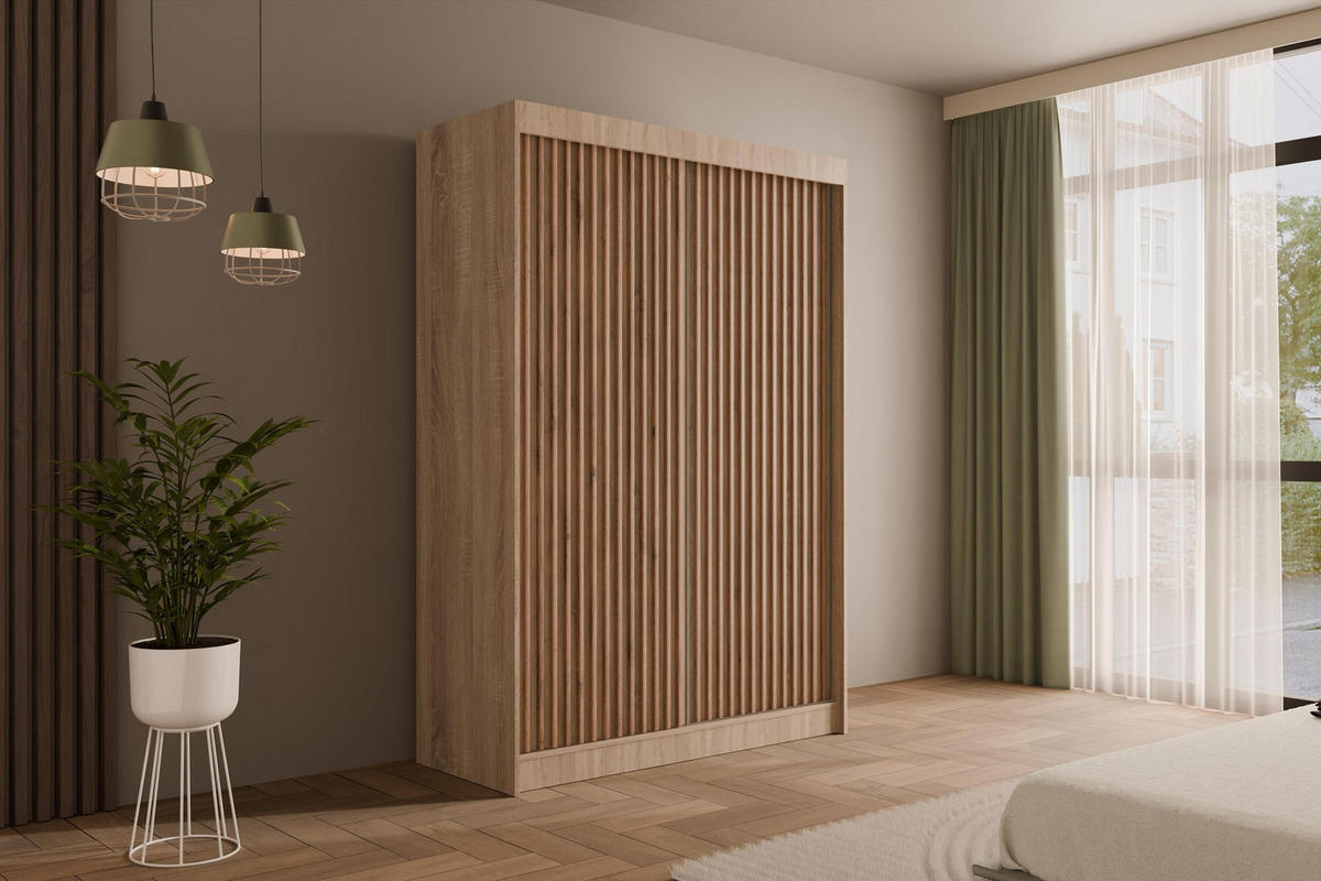 KLEIDERSCHRANK mit Lamel-Schiebetüren VILANv2 - 150 cm Sonoma Eiche+Sonoma Eiche+Lamelle Eiche Wotan - Eiche Wotan/Sonoma Eiche, Holzwerkstoff (150/215/61cm) - ALTDECOR