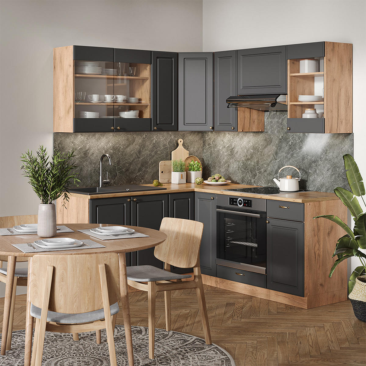ECKKÜCHE Fame-Line Anthrazit Landhaus/Goldkraft Eiche 160 x 190 cm AP Anthrazit - Dunkelgrau/Eiche Wotan, Holzwerkstoff (190/81.6/60cm) - Vicco