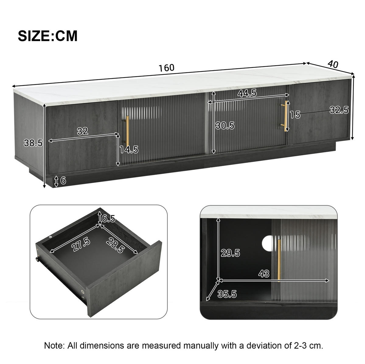 TV-LOWBOARD aus MDF 160x40x38,5 cm Grau mit 4 Push-to-Open-Schubladen und Kabelmanagement - Grau, Holzwerkstoff (160/38.5/40cm) - Modfu