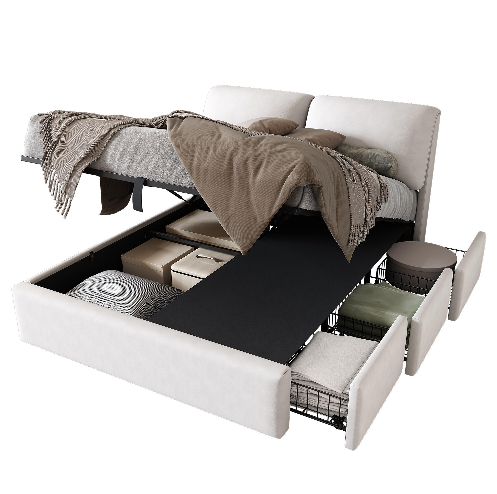 POLSTERBETT 140/190 cm aus Samt mit hydraulischem Stauraum und 3 Schubladen Beige - Beige, Textil (140/190cm) - Modenvie