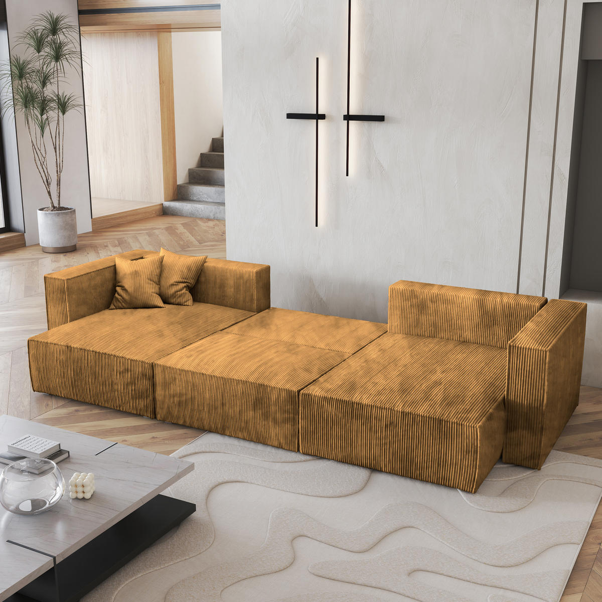 WOHNLANDSCHAFT SARMO P Gelb Kordstoff mit Schlaffunktion - Gelb, Holz (347/70/148cm) - MASSENO