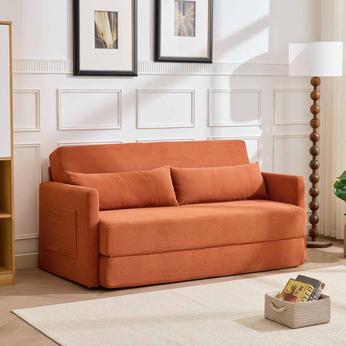 2-SITZER SCHLAFSOFA Cord Orange mit 2 Lendenkissen und 2 Magazintaschen - Orange, Holzwerkstoff/Textil (165/67/212cm) - WISHDOR