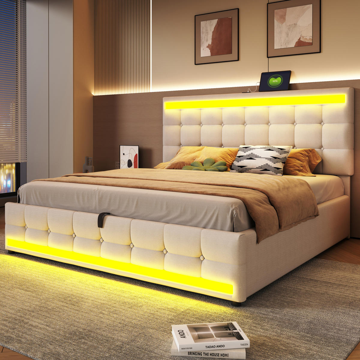 ČALOUNĚNÁ postel 180/200 cm, béžová, lněný vzhled, s LED osvětlením a USB - béžová, textil (180/200cm) - BEAOK