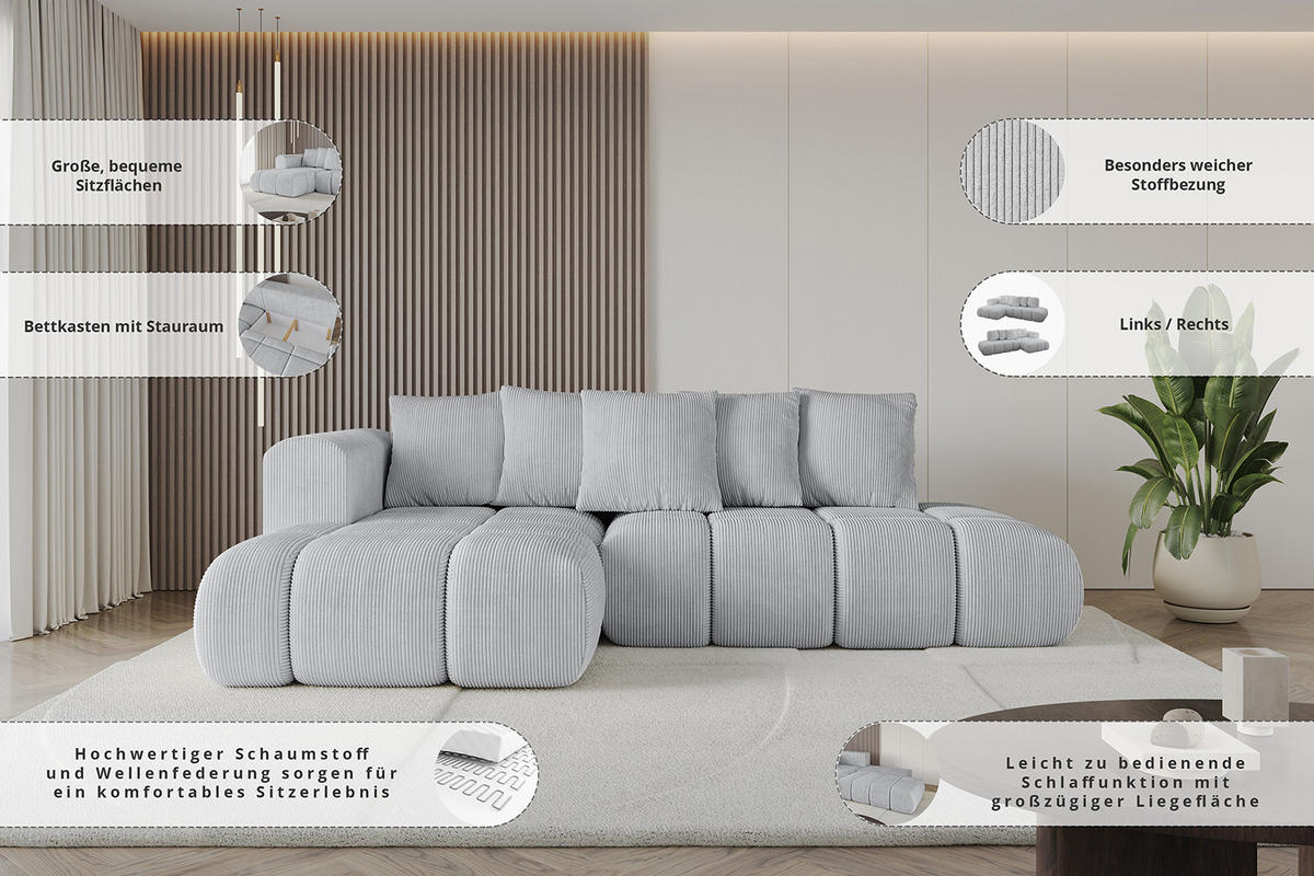 ECKSOFA Ottomane Links CLOUD-L-v1 289x180x40 Hellgrau Cord - Hellgrau, Holzwerkstoff/Kunststoff (180/289cm) - ALTDECOR
