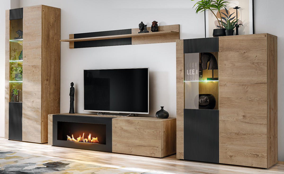 WOHNWAND Eiche, schwarz 4-teilig 350 cm, Schrankwand mit Kamin, inkl. Beleuchtung - Eichefarben/Schwarz, Glas/Holzwerkstoff (350/197/45cm) - Inn.Furn