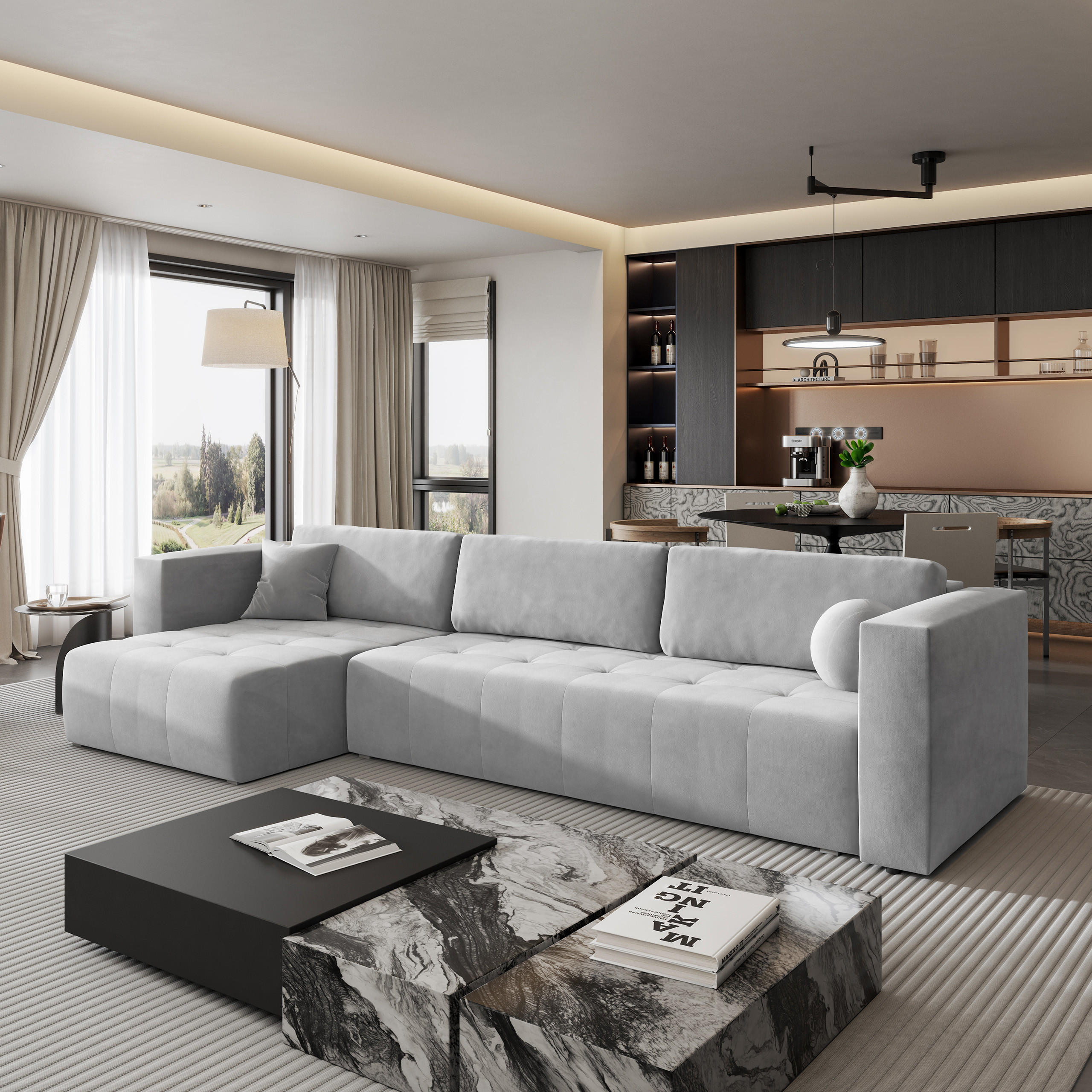 ECKSOFA OLVERA Hellgrau Plüsch-Stoff mit Schlaffunktion - Hellgrau, Holz (347/148cm) - MASSENO