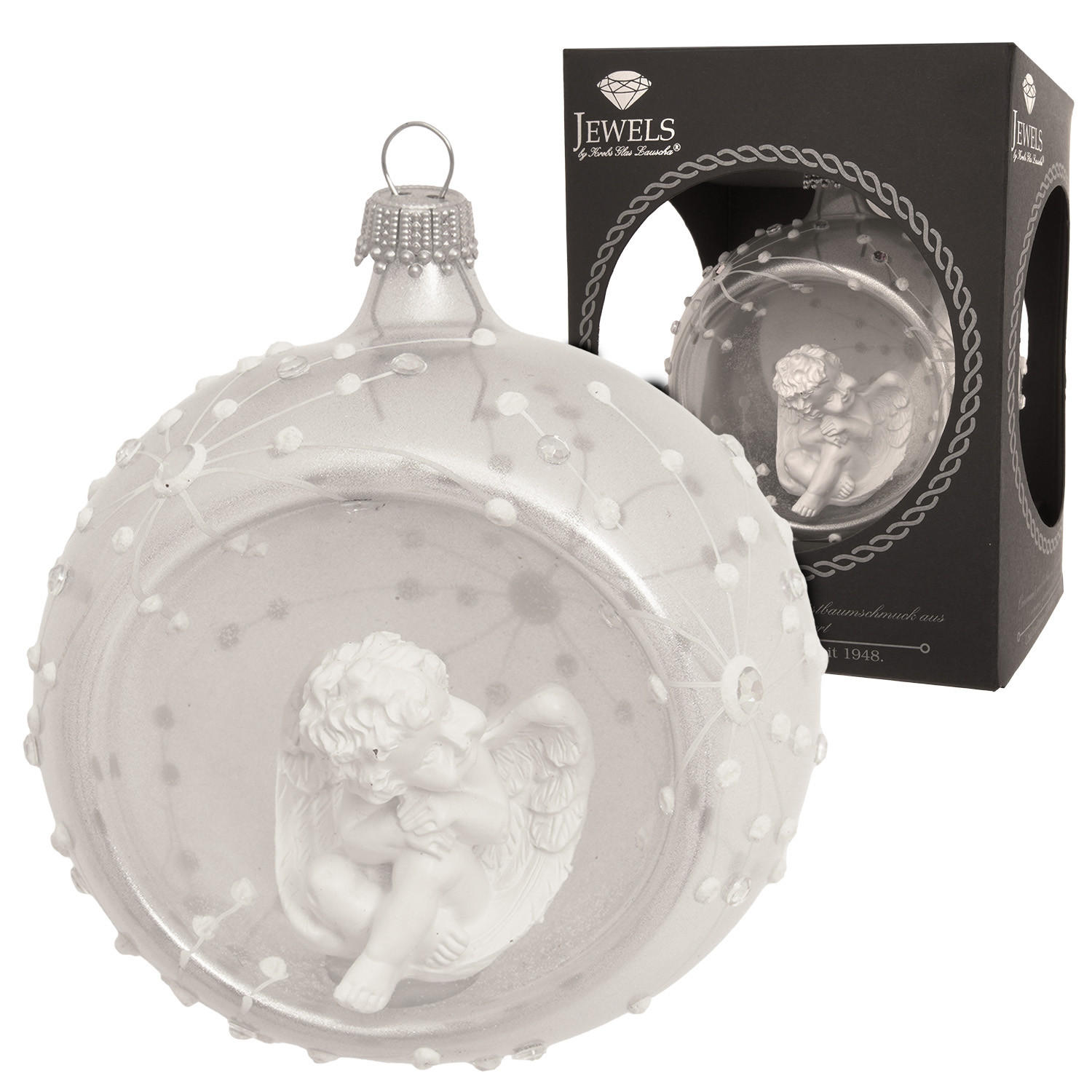 CHRISTBAUMKUGEL Reflex mit Engel Weiß 8cm (Glas / 1 Stk.) - Weiß, Glas (8/8/8cm) - Krebs Glas Lauscha