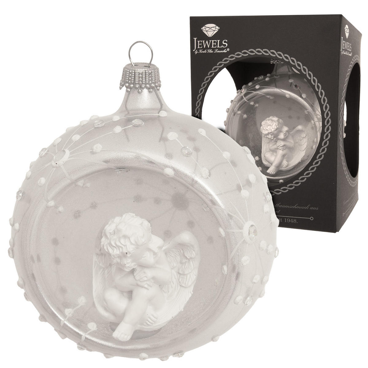 CHRISTBAUMKUGEL Reflex mit Engel Weiß 8cm (Glas / 1 Stk.) - Weiß, Glas (8/8/8cm) - Krebs Glas Lauscha