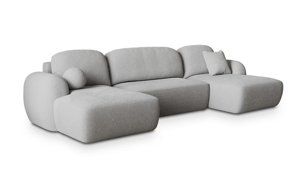 WOHNLANDSCHAFT SAVONA N Hellgrau Boucle-Stoff mit Schlaffunktion - Hellgrau, Holz (350/90/148cm) - MASSENO