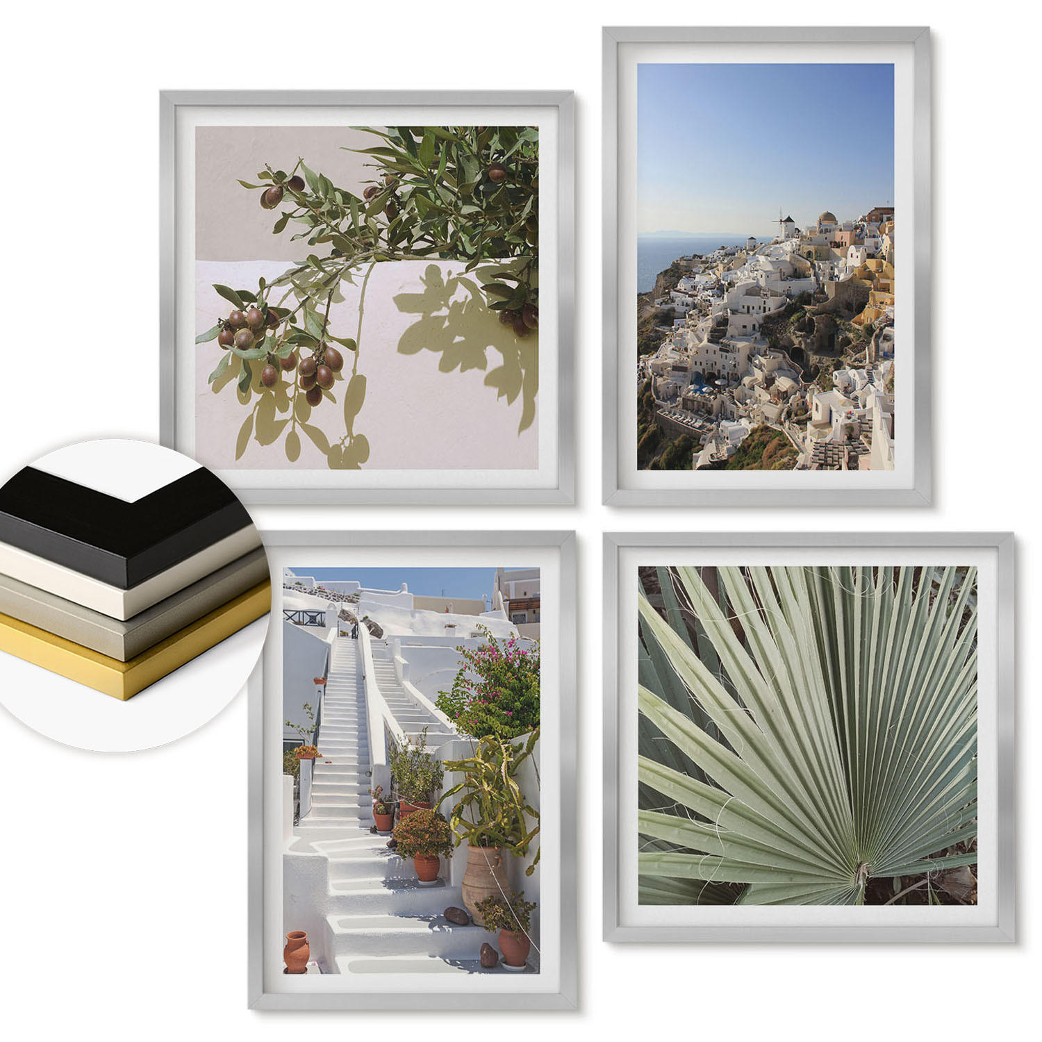 WANDBILDER 4er Set - 50x50 cm & 40x60 cm Silberner Rahmen - Weiße Treppe mit Blick auf Santorini - Silberfarben, Kunststoff (50/50cm) - ArtPrintCave