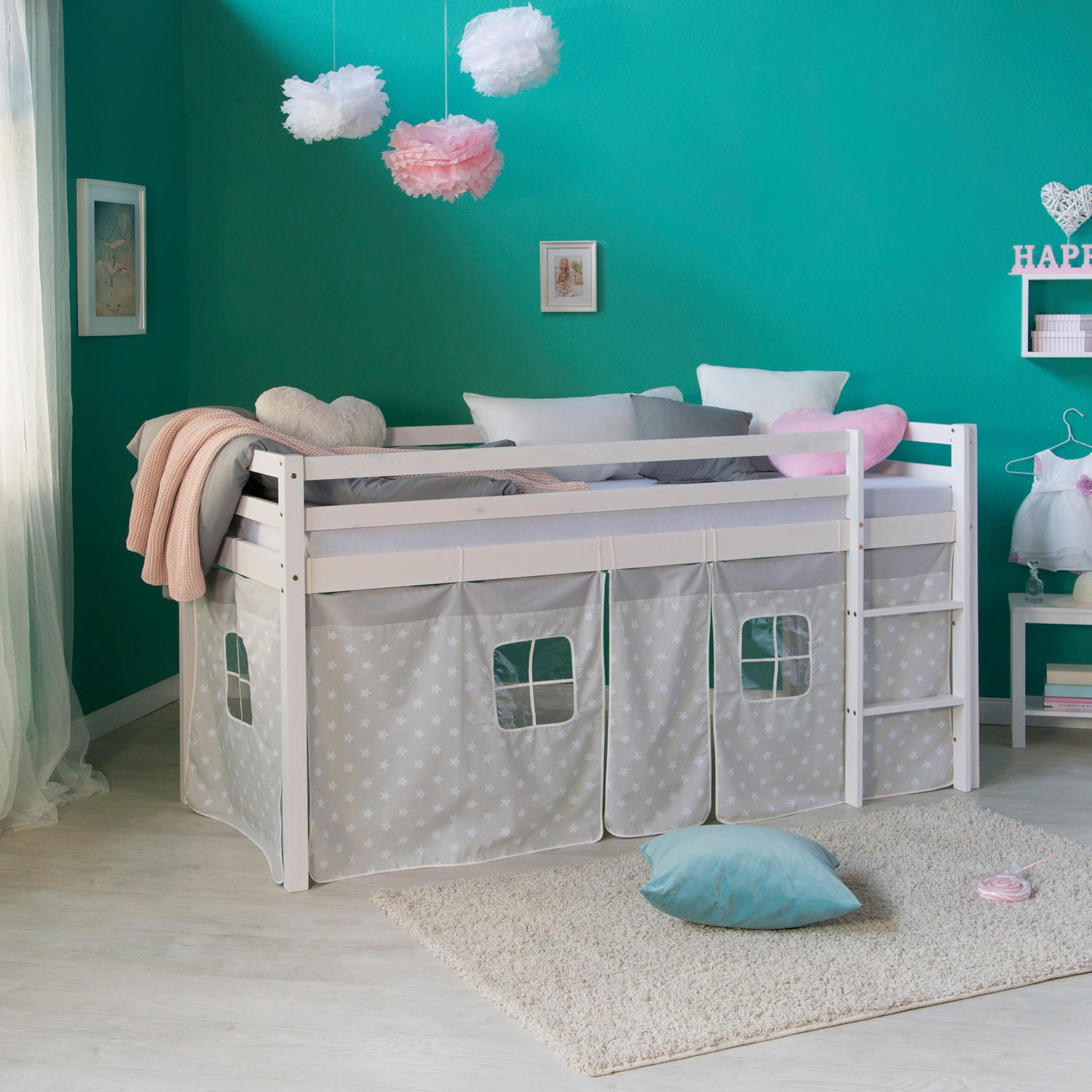 HOCHBETT 90/200 cm mit Lattenrost und Matratze Sterne - Weiß, Holz - Homestyle4u