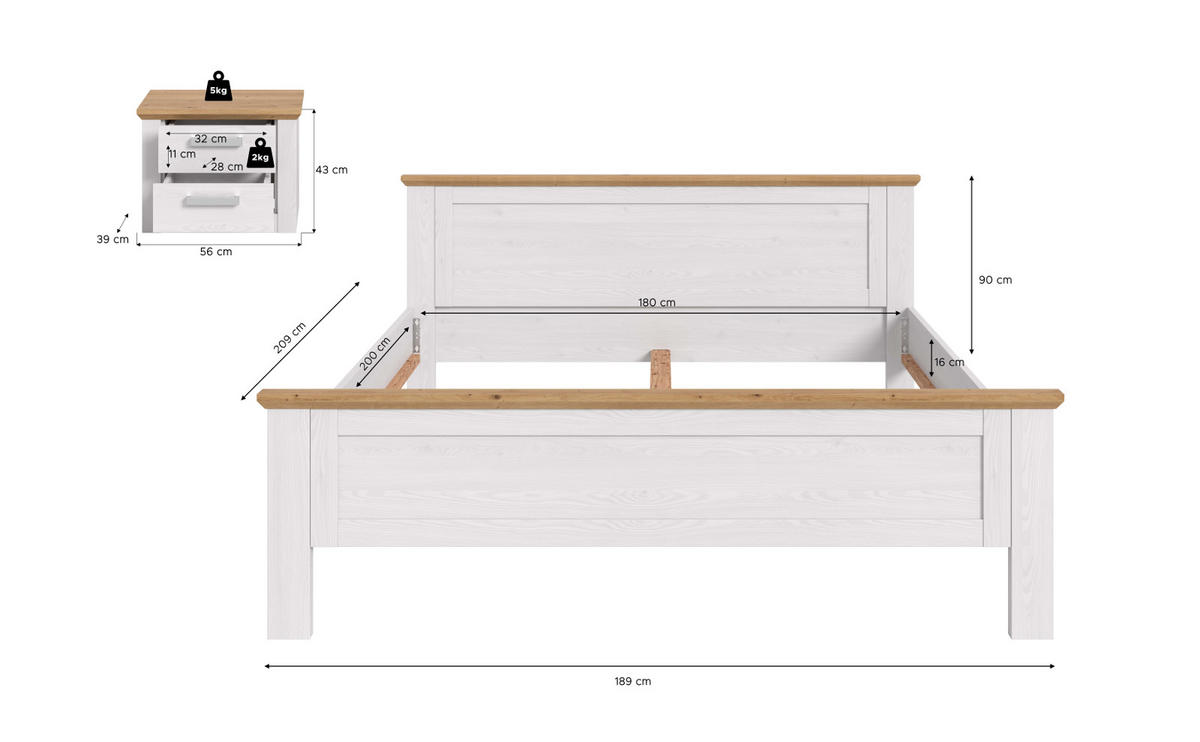 SCHLAFZIMMER weiß Lärche, Eiche Artisan Landhaus Set mit Bett 180 x 200 cm und Nachttisch - Eichefarben/Silberfarben, Holzwerkstoff/Kunststoff (180/200cm) - Inn.Furn