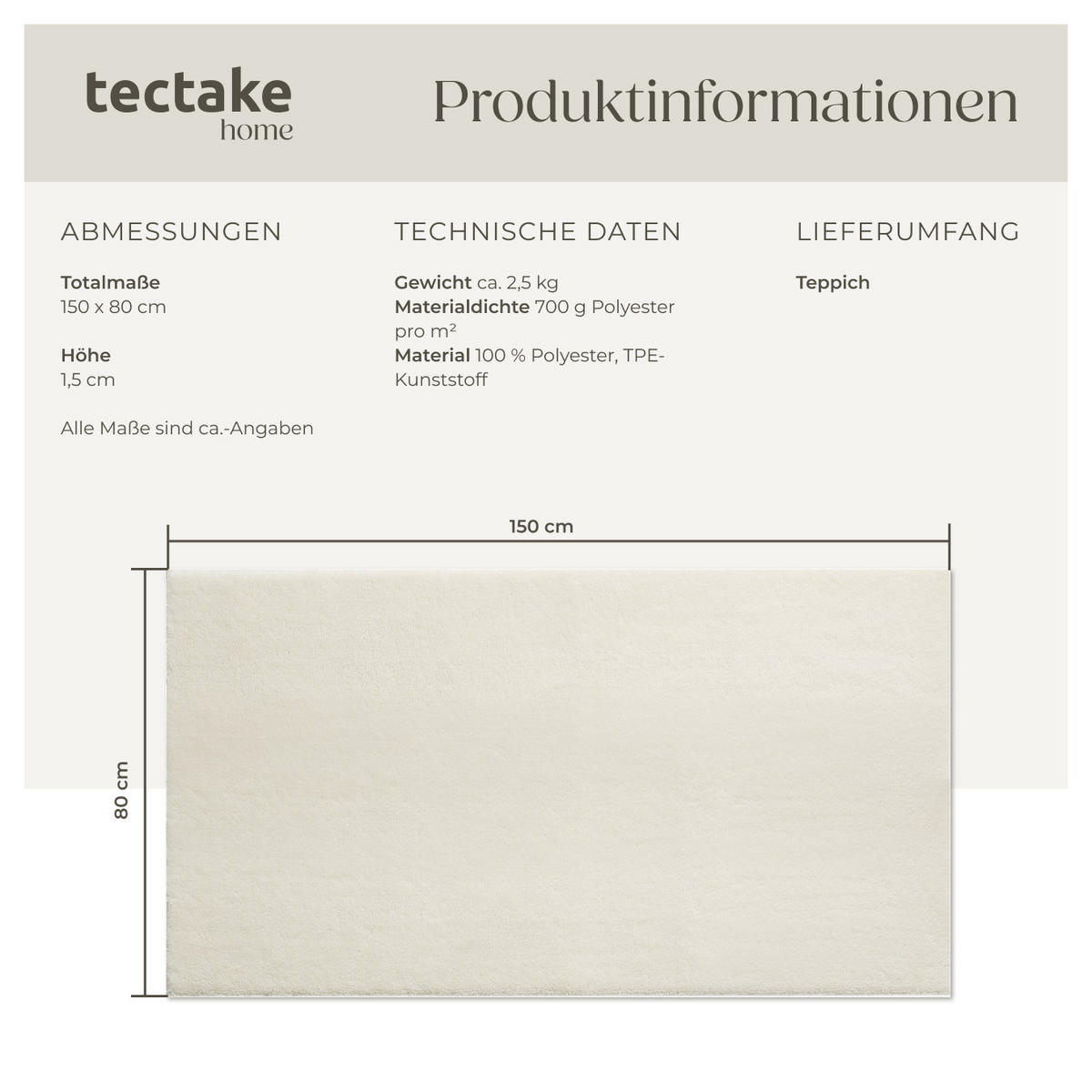 KURZFLORTEPPICH Soft Zone,rutschfeste Unterseite,creme - Creme, Kunststoff (150/80cm) - tectake