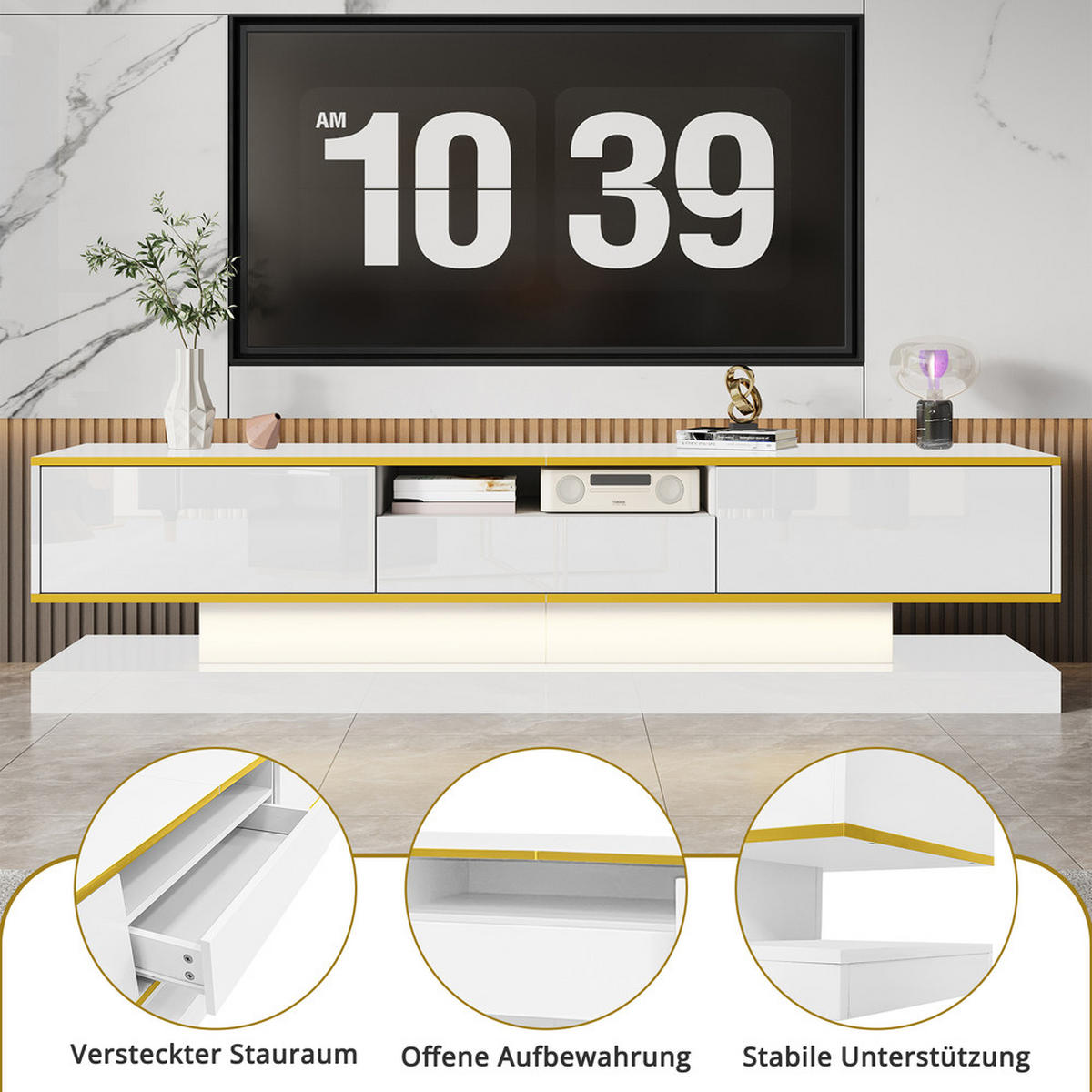 TV-SCHRANK 180x38cm Modern Hochglanz 3 Schubladen 1 Fach LED Farbwechsel - Weiß, Holz (44.45/20.96/78.74cm) - FLIEKS