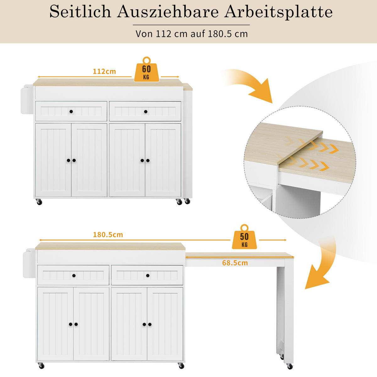 KÜCHENINSEL 112-180,5/92,2/45 cm Weiß/Natur aus MDF mit ausziehbarer Arbeitsplatte - Weiß, Holzwerkstoff (45/92.2/180.5cm) - OKMYHOME