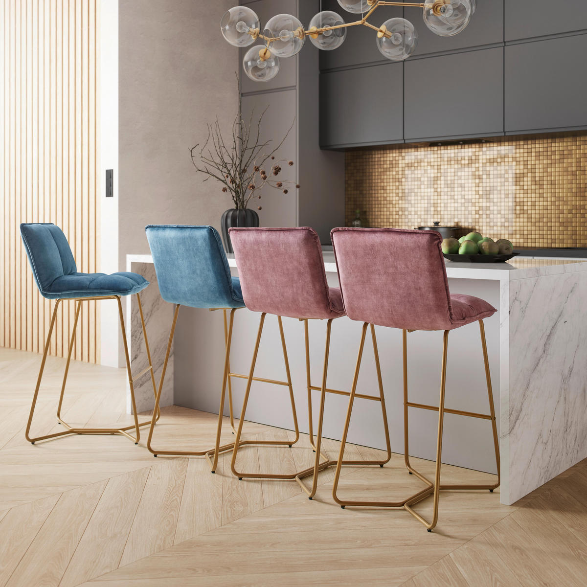 BARHOCKER Fonia Beere Samt Gepolstert - Beere, Holz (46/103.5/57cm) - Bessagi Home