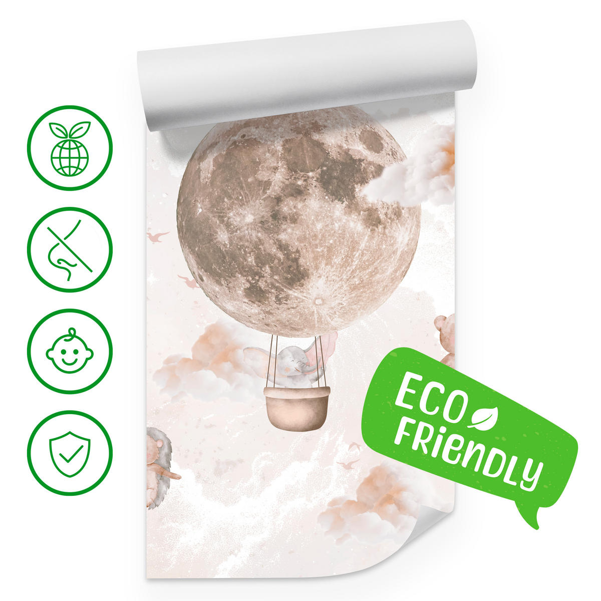 FOTOTAPETE für Kinderzimmer Mond Ballons Bär Rehkitz Giraffe Wolken 200x140 - Beige/Rosa, Papier (200/140cm) - Muralo