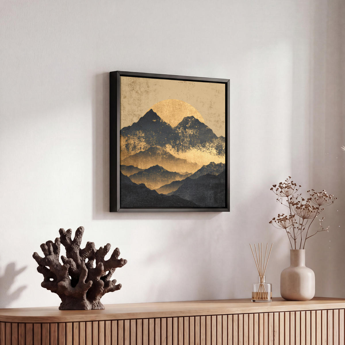 LEINWAND Bilder mit Rahmen - Goldene Berge bei Mondschein - 20x20 - Goldfarben, Textil (20/20cm) - MuchoWow