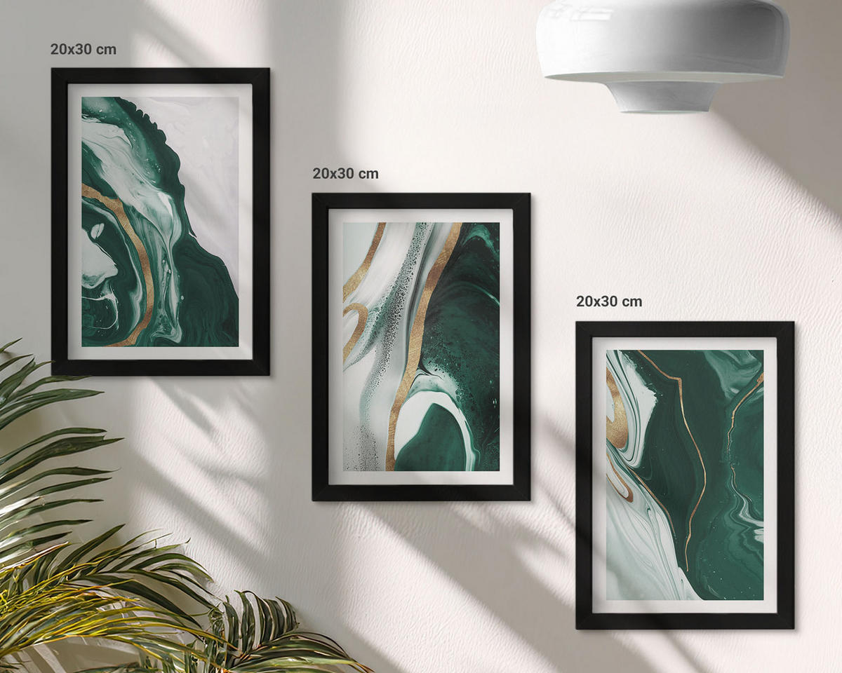 WANDBILDER 3er-Set - 20x30 cm Schwarzer Rahmen - Abstrakte grüne Farbmuster - Schwarz, Kunststoff (20/30cm) - ArtPrintCave