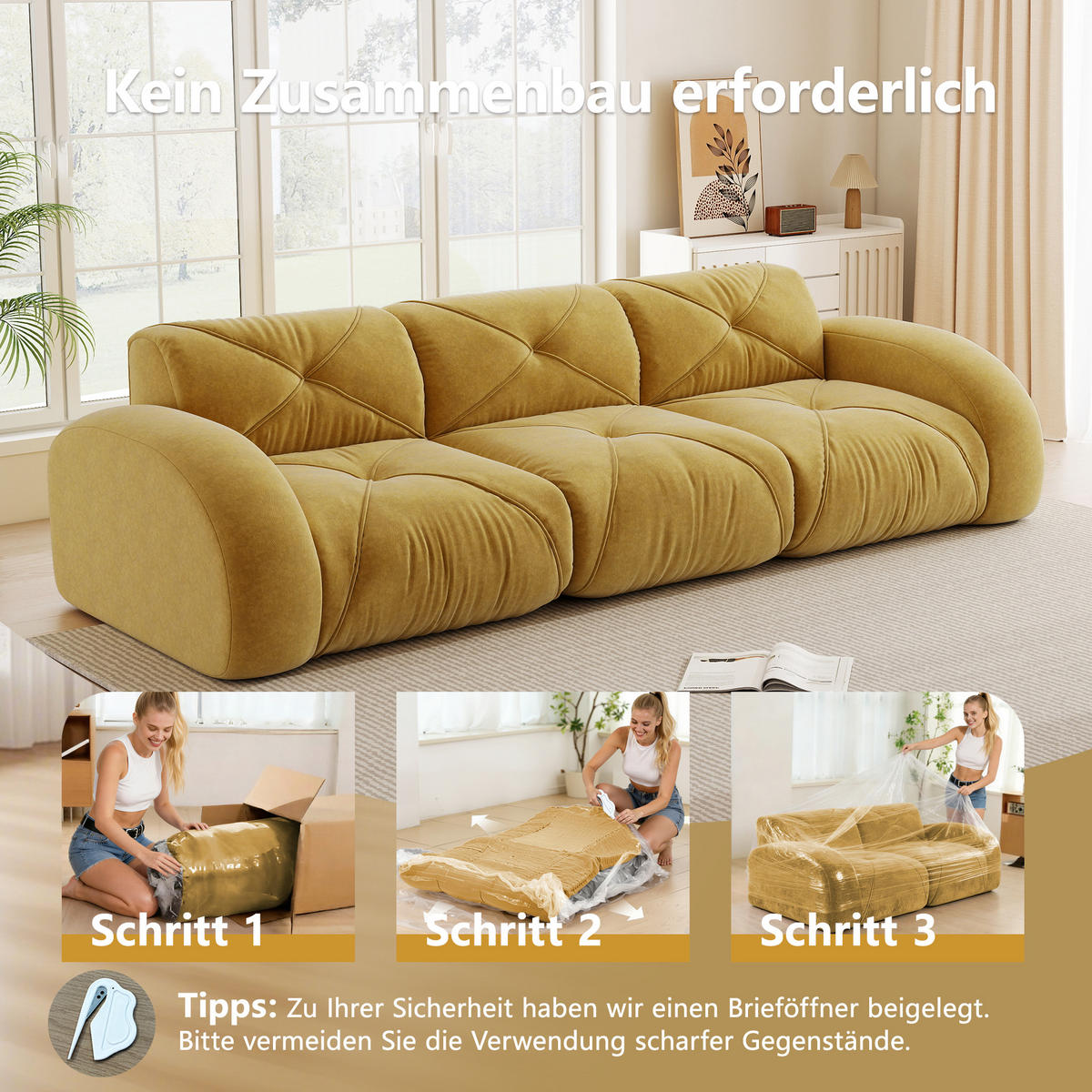 3-SITZER SOFA Chenille Gelb - Gelb, Textil (281/76/95cm) - WISHDOR