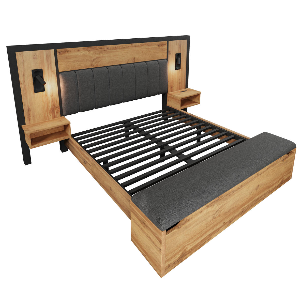POLSTERBETT 180/200 cm mit Bettbank (Bettkasten), LED-Leselampen & USB/Type-C, Eiche - Eichefarben, Metall (180/200cm) - Redom