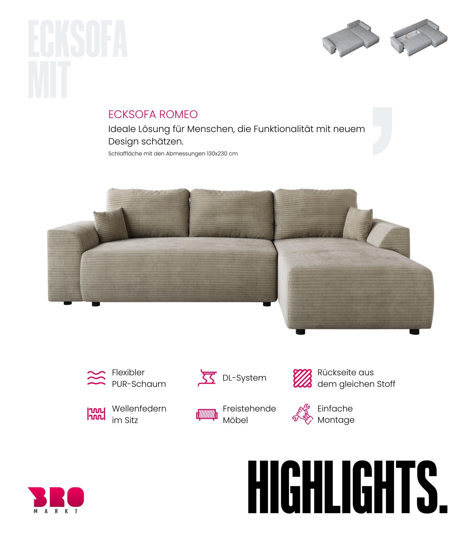 Thumbnail - Bromarkt Ecksofa, Beige, Textil, 3-Sitzer, L-Form, 285x185 cm, Wohnzimmer, Sofas & Couches, Wohnlandschaften, Ecksofas