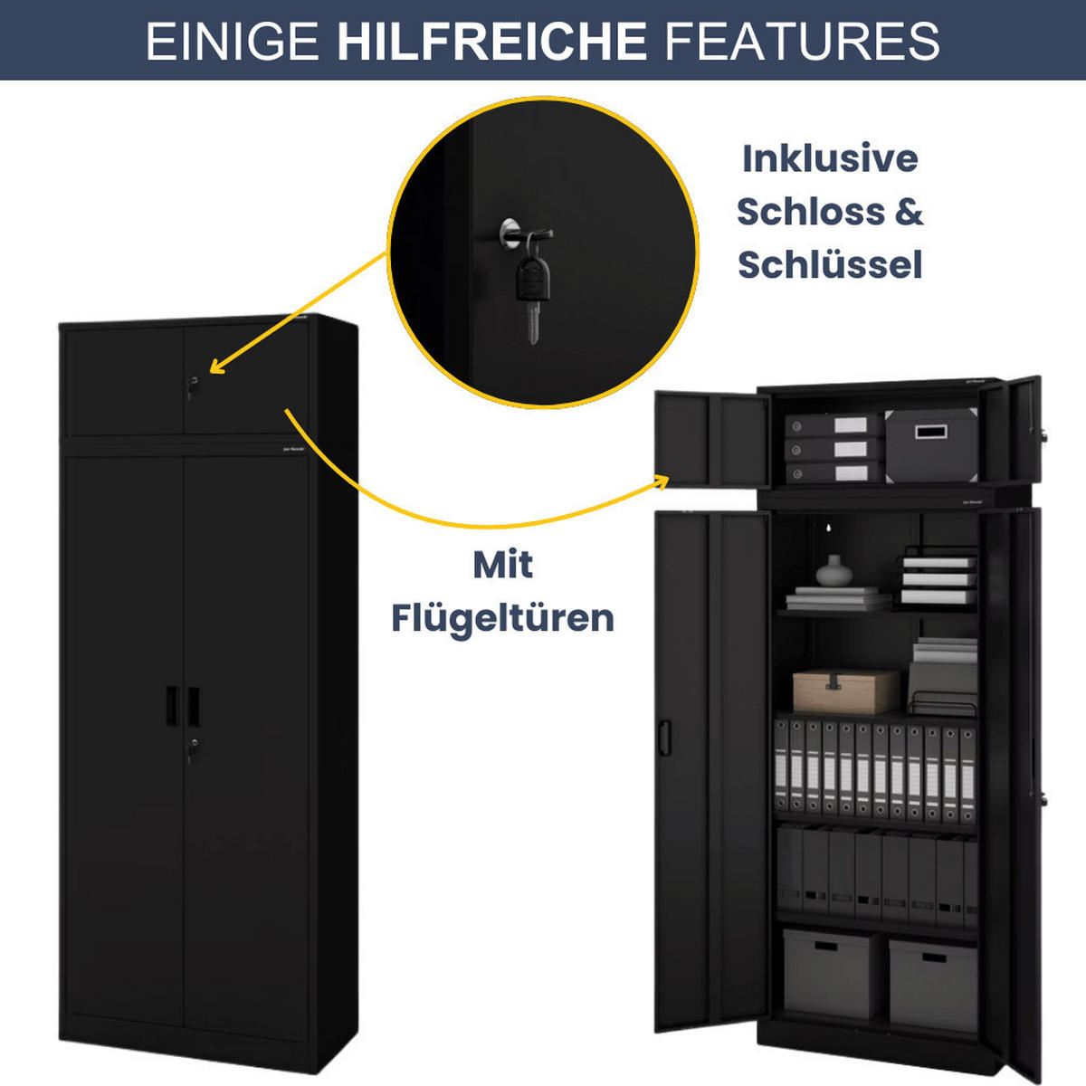 SCHRANKERWEITERUNG Aktenschrank mit 2 Flügeltüren 38x80x40cm Schwarz - Schwarz, Metall (80/38/40cm) - DELUKE