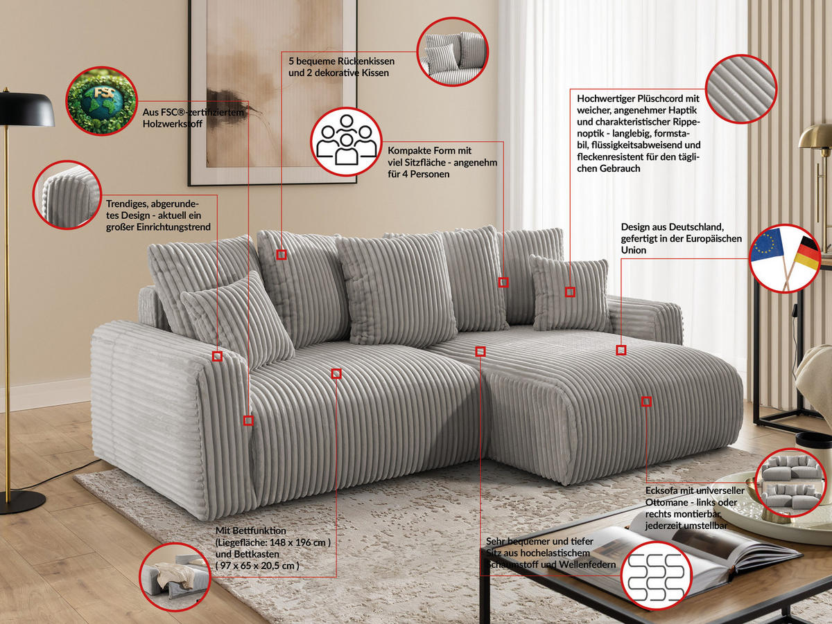 ECKSOFA Calma mit Schlaffunktion und Bettkasten im Bumpy-Design aus weichem Taupe Plüschcord - Ottomane rechts - Taupe/Schwarz, Holz/Kunststoff (140/239cm) - S-Style