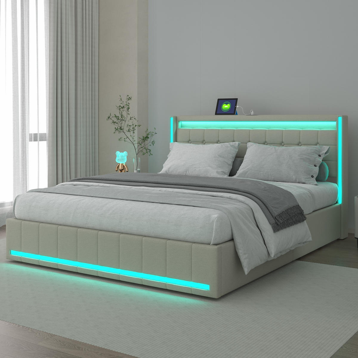 DOPPELBETT 140x190 cm, LED, USB, 4 Metallschubladen, Leinen, Beige - Beige, Metall - SHOPENTRA