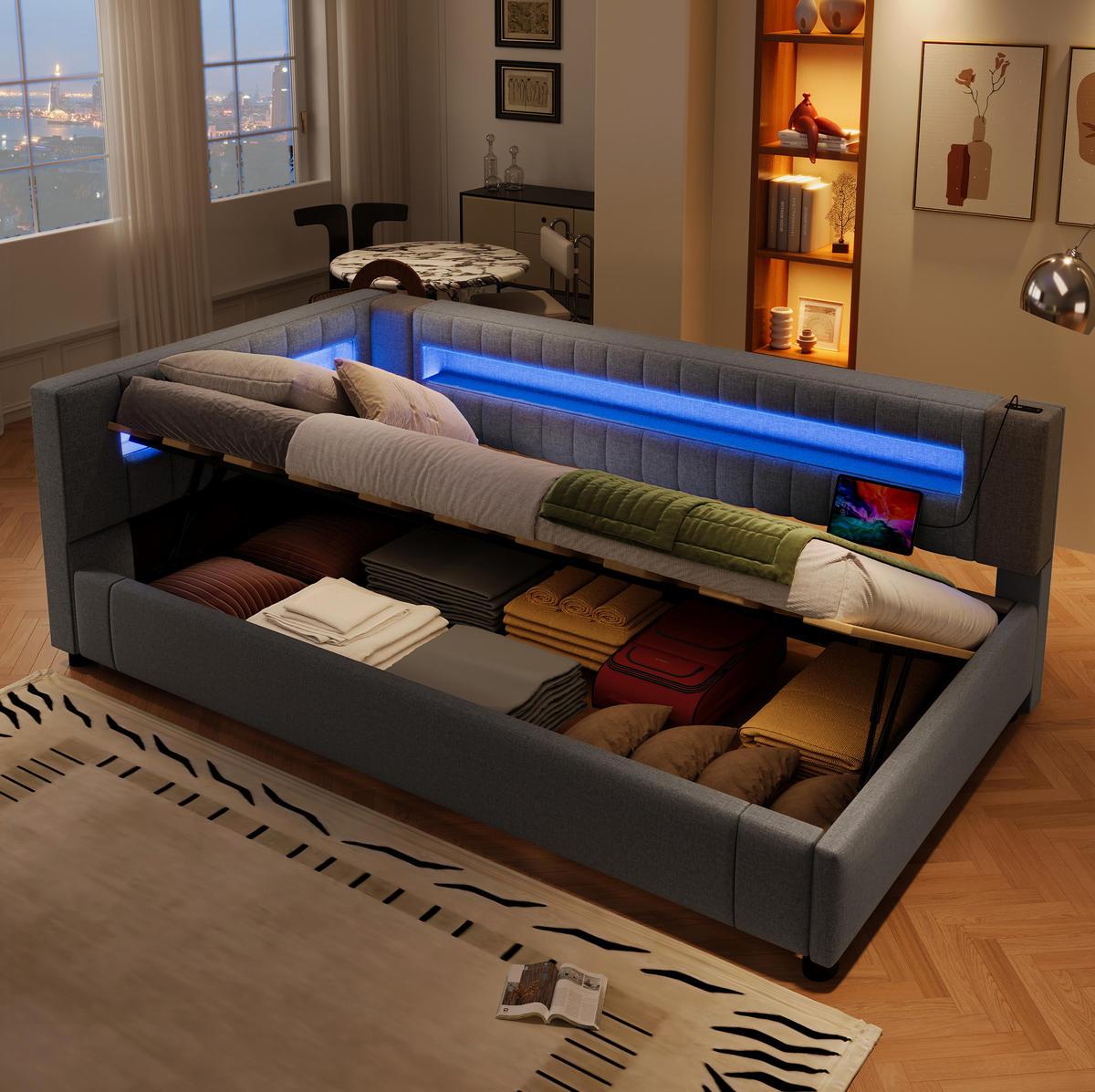 POLSTERBETT 90/200 cm Grau aus Leinen mit LED-Beleuchtung und Stauraum - Grau, Textil (90/200cm) - OKMYHOME