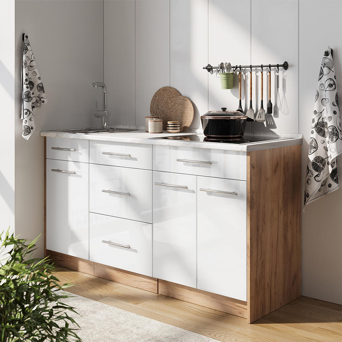 KUCHYNSKÝ BLOK Fame-Line, Biely vysoký lesk, 150 cm, AP Marble - biela s vysokým leskom/dub medový, kompozitné drevo (150/82/60cm) - Vicco