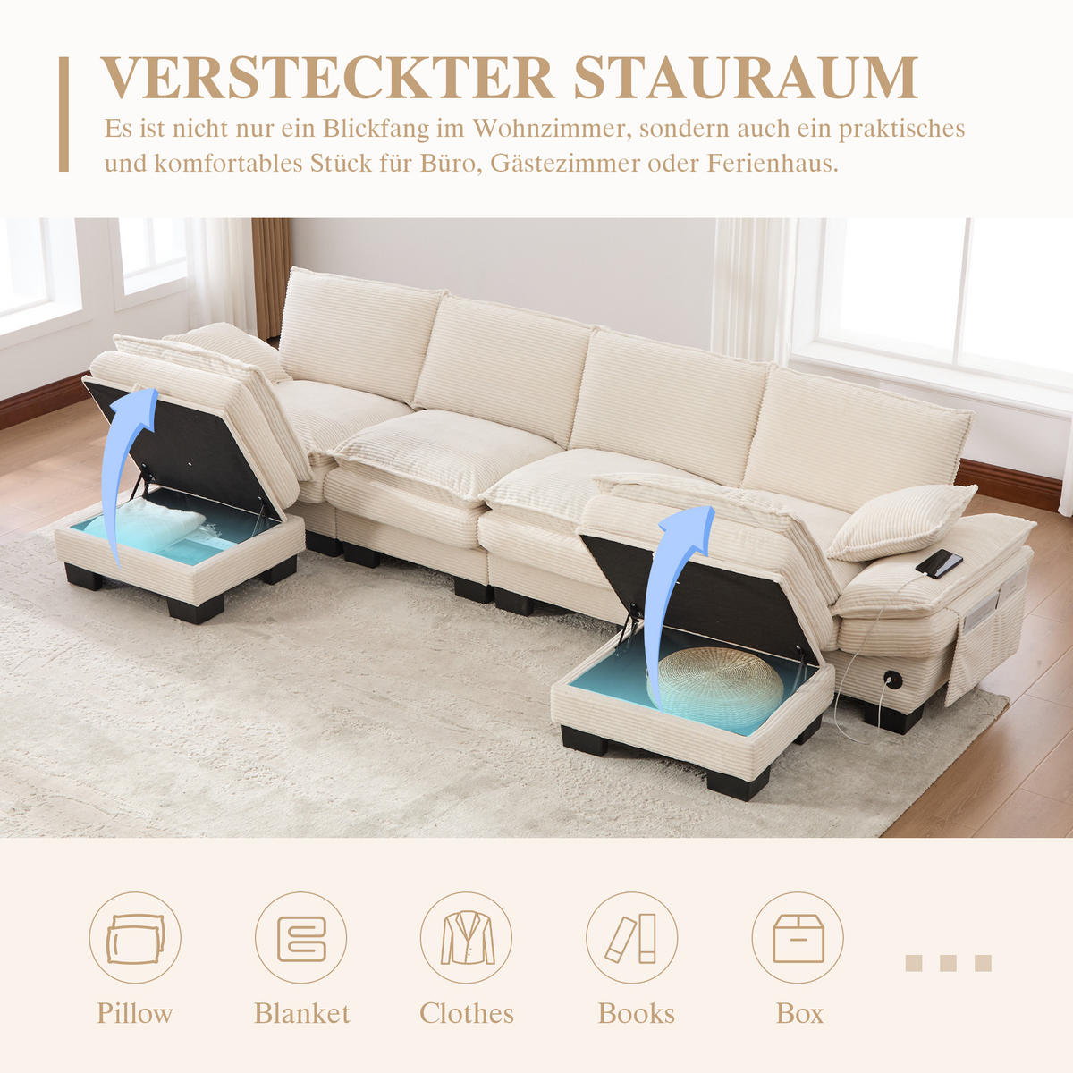 WOHNLANDSCHAFT Cord Beige mit USB-C, Seitentaschen und 2 Hockern - Beige, Holzwerkstoff/Kunststoff (330/84/132cm) - WISHDOR