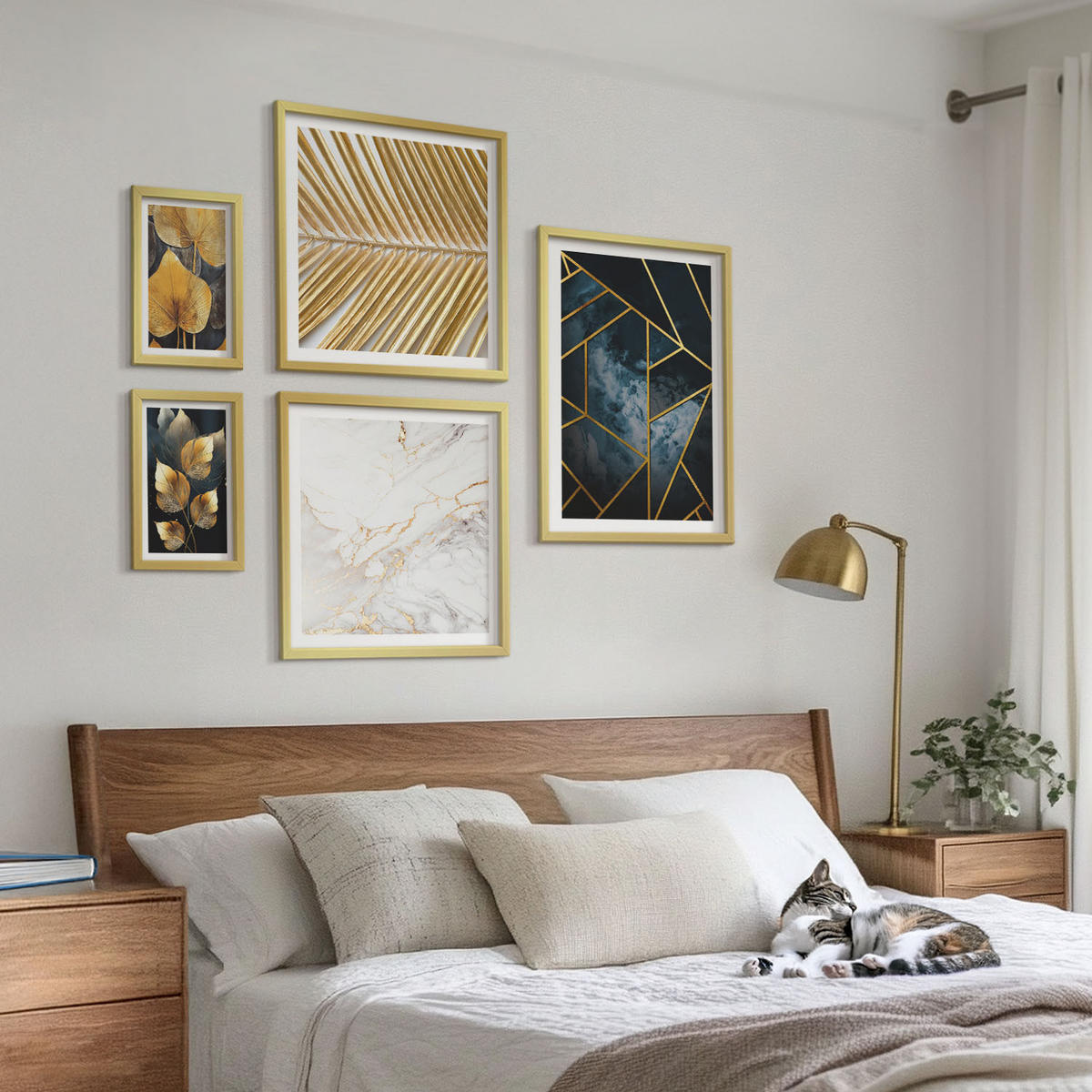 BILDER SET 5er Set - 50x50 cm & 20x30 cm & 40x60 cm Goldrahmen - Moderne Pflanzenmuster - Goldfarben, Kunststoff (40/60cm) - TULUP