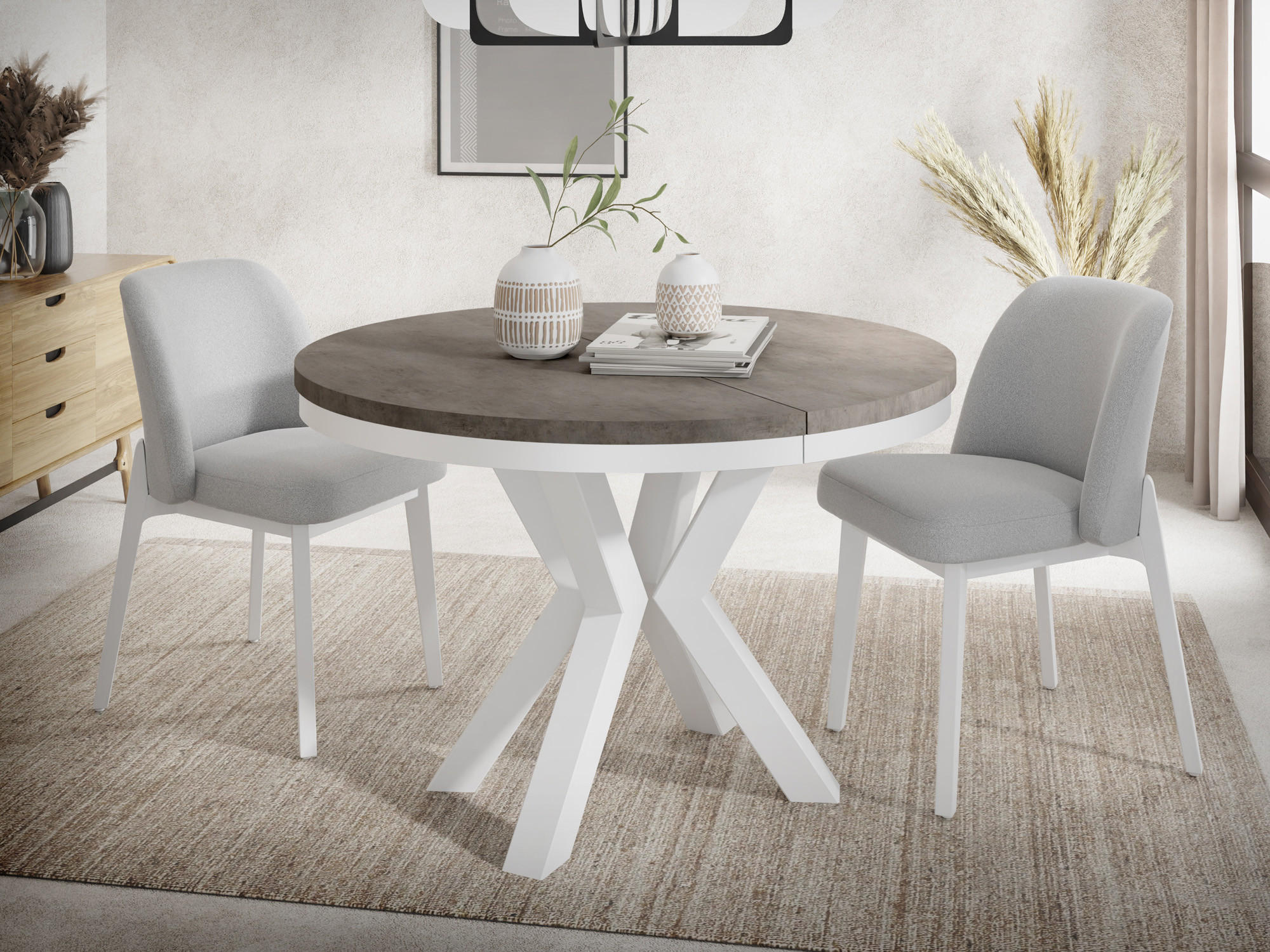 ESSTISCH Clara Weiß runder ausziehbarer, Dunkelgrauer Chicago Beton 100-180/100/76 cm - Dunkelgrau/Weiß, Holzwerkstoff/Metall (100/100/76cm) - WFL GROUP