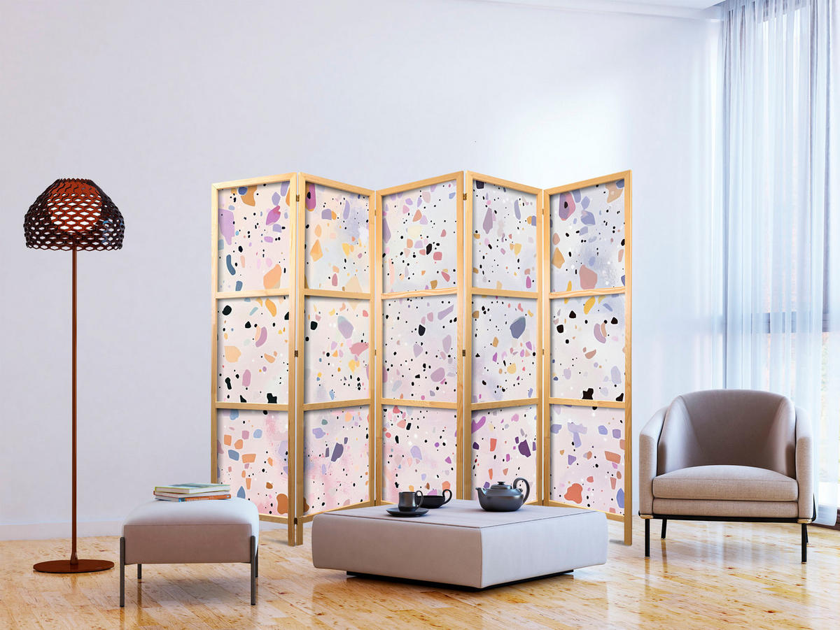 PARAVENT Japanischer 5-tlg 225x172 cm Farbiger Terrazzo - Multicolor, Holz/Textil (225/172/3cm) - Muralo
