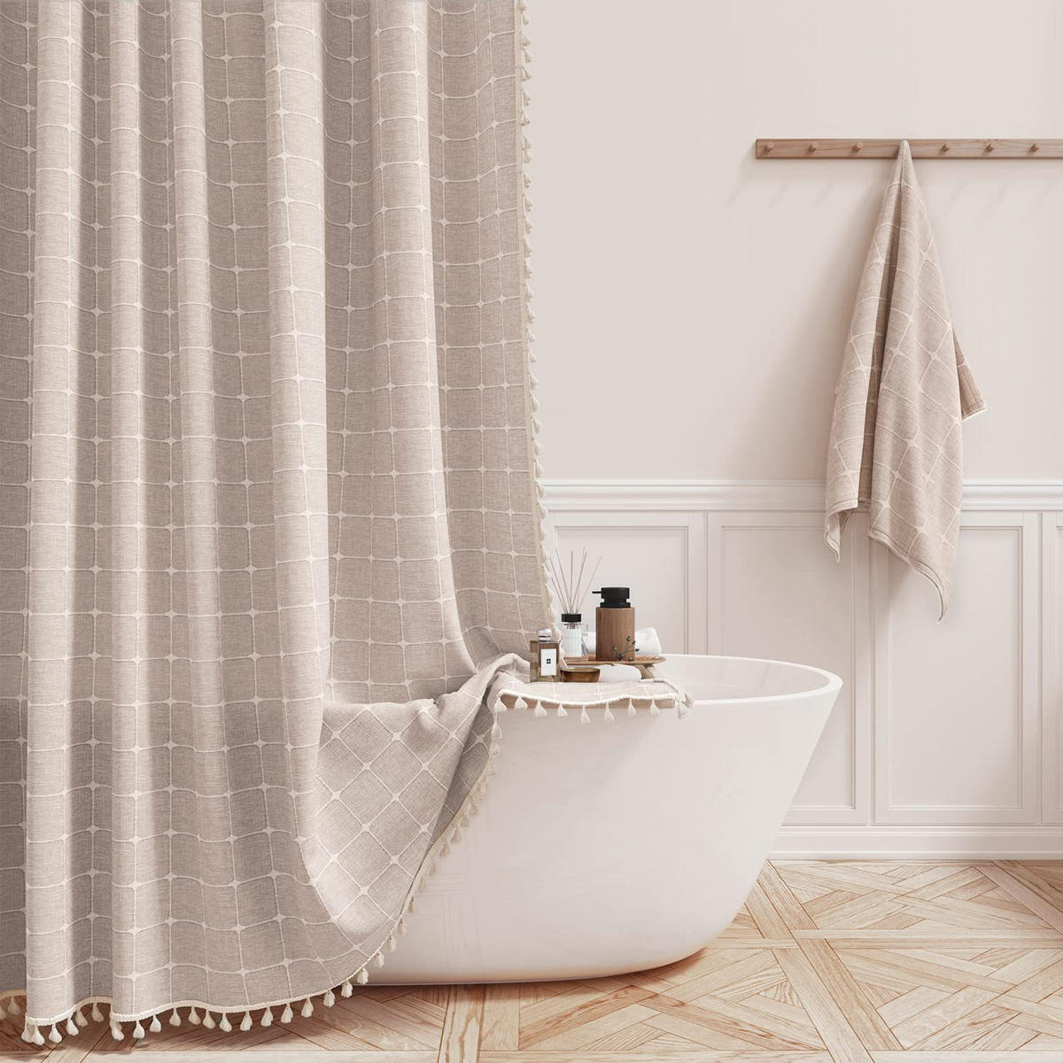 DUSCHVORHANG Beige Leinen Boho Stil 150 x 180 cm für Zuhause Badezimmer - Beige, Textil (150/180cm) - MCBOSON