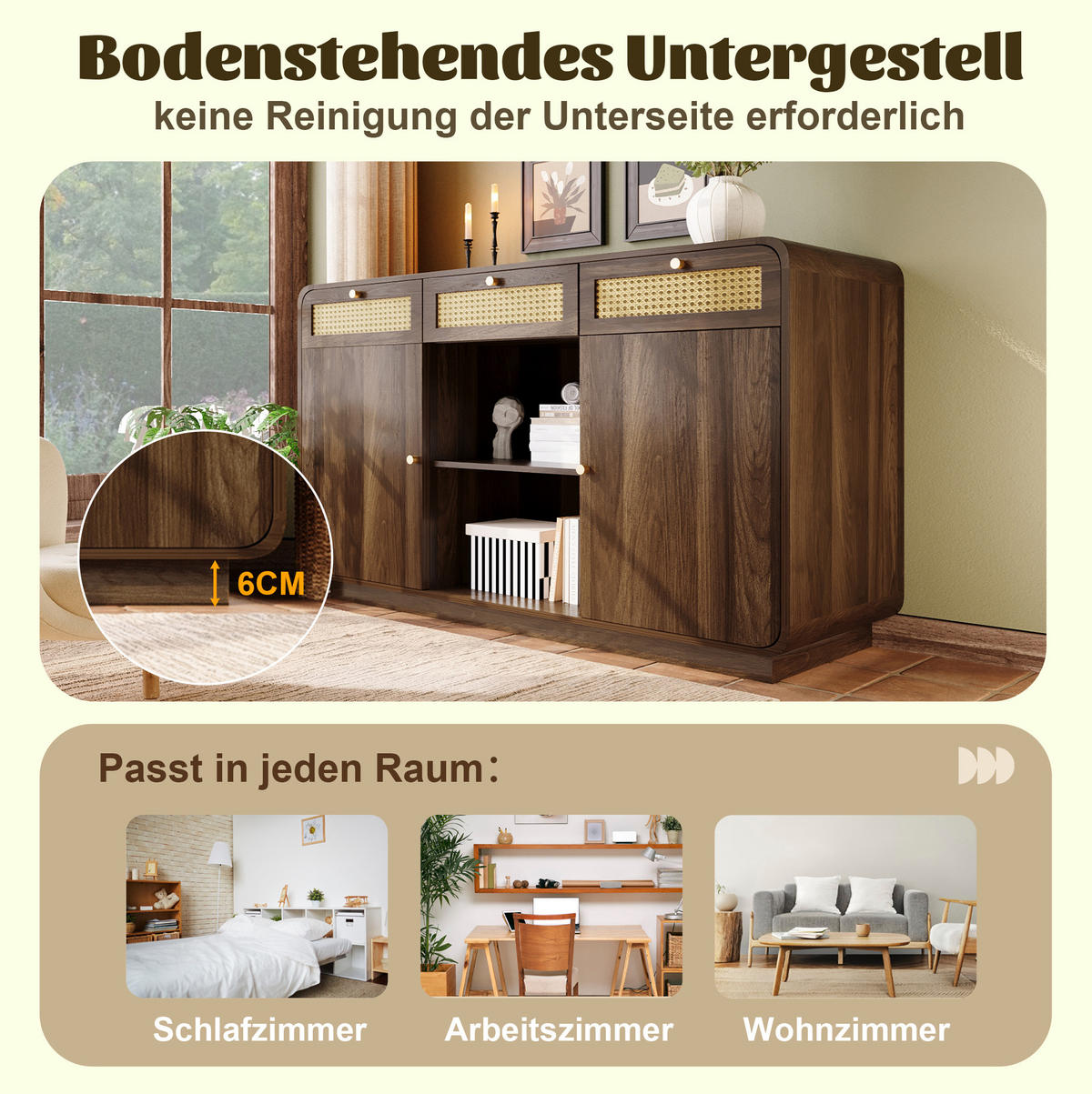 SIDEBOARD 120/40/85 cm Nussbaum aus MDF mit Rattanfronten und 3 Schubladen - Walnussfarben, Holzwerkstoff (120/85/40cm) - OKWISH