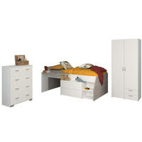 KINDERZIMMER weiß, grau, Komplett-Set mit Stauraumbett, Kommode, Kleiderschrank - Silberfarben/Weiß, Holzwerkstoff/Kunststoff (135/185/203cm) - Parisot Meuble