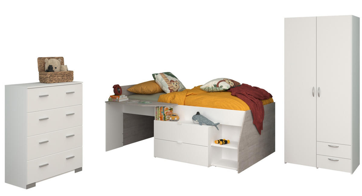 KINDERZIMMER weiß, grau, Komplett-Set mit Stauraumbett, Kommode, Kleiderschrank - Silberfarben/Weiß, Holzwerkstoff/Kunststoff (135/185/203cm) - Parisot Meuble