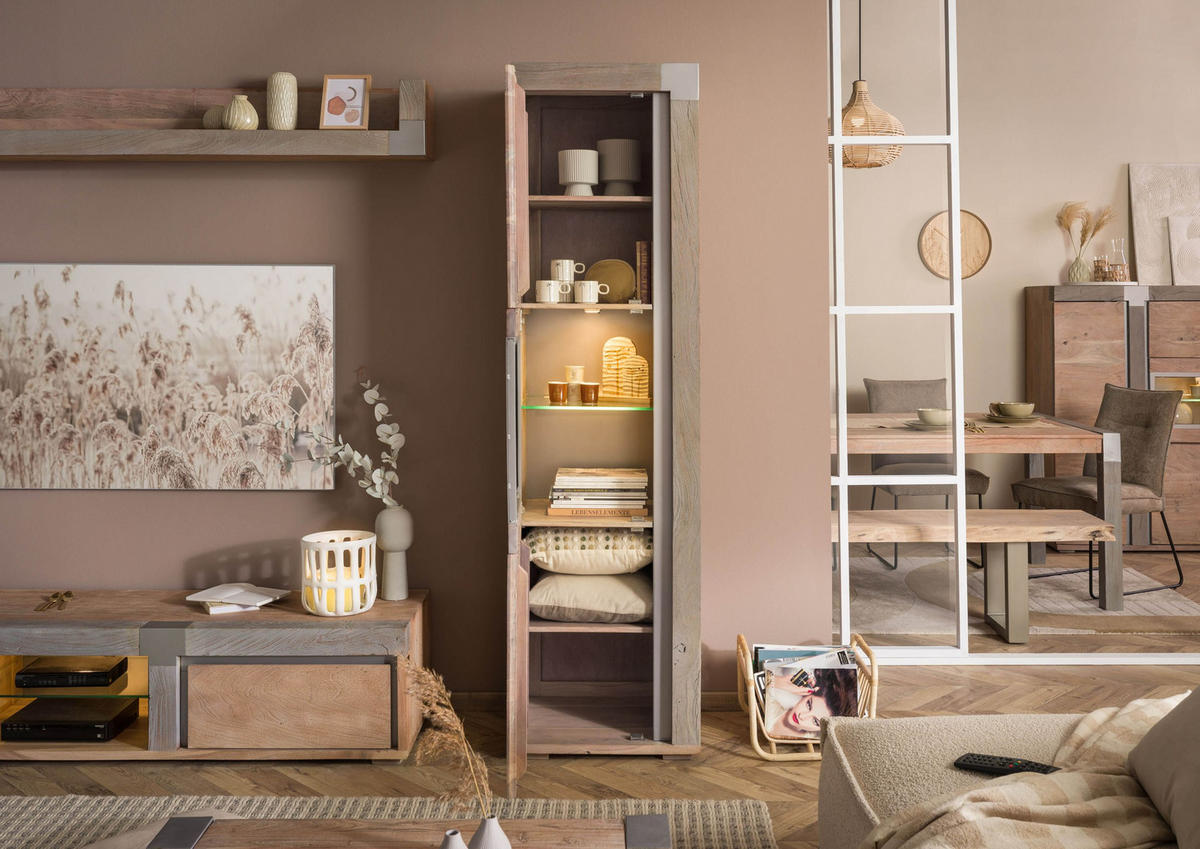 VITRINE Akazie 55x45x204 beige lackiert Amsterdam #120 - Beige, Holz (55/204/45cm) - Massivmoebel24