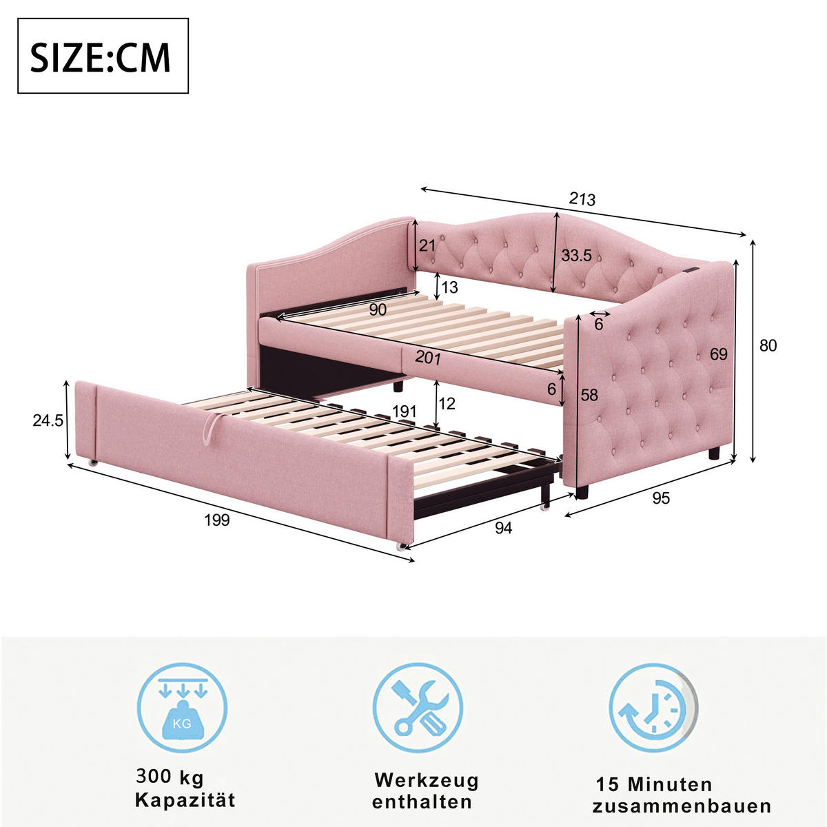 POLSTERBETT 90x200 Rosa Leinen USB Ausziehbar - Pink, Textil (90/200cm) - FLIEKS