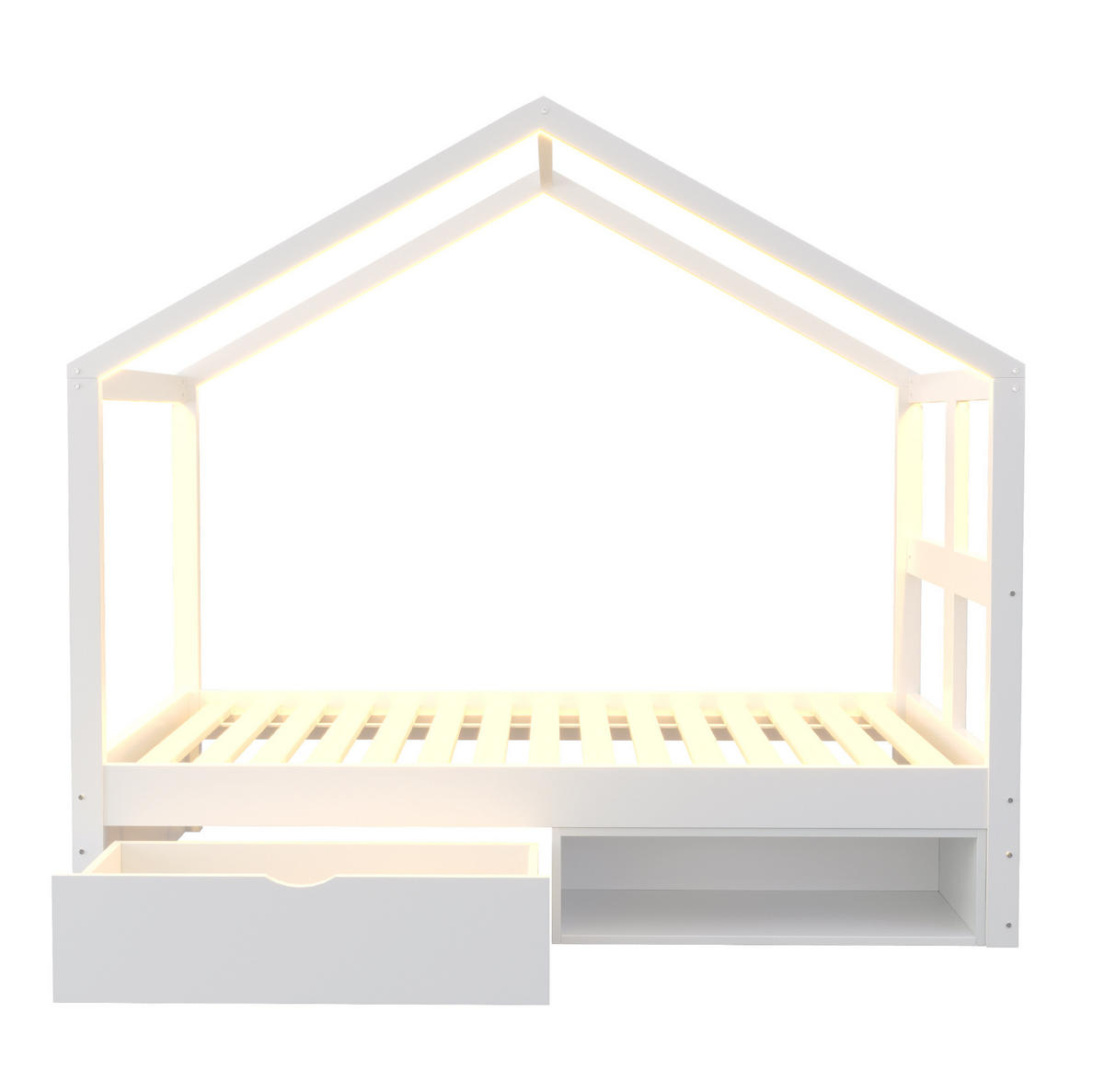 JUGENDBETT 90/190 cm aus Kiefernholz mit Schublade Schuhschrank und LED-Beleuchtung Weiß - Weiß, Holz (90/190cm) - Modenvie