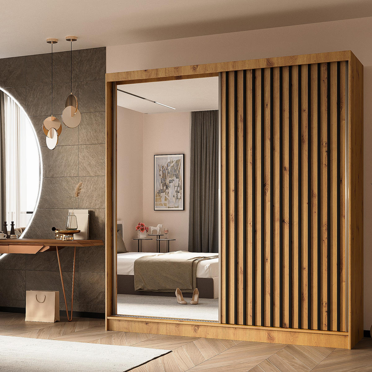 SCHWEBETÜRENSCHRANK LAMELLO 200/216/61 cm 2-türig mit Spiegel Eiche Artisan - Eiche Artisan, Holzwerkstoff (200/216/61cm) - MASSENO