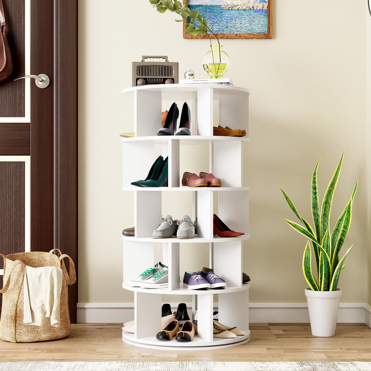 SCHUHREGAL drehbar Weiß rund 5 Ebenen 115cm modern - Weiß, Holzwerkstoff (60/115/60cm) - FLIEKS