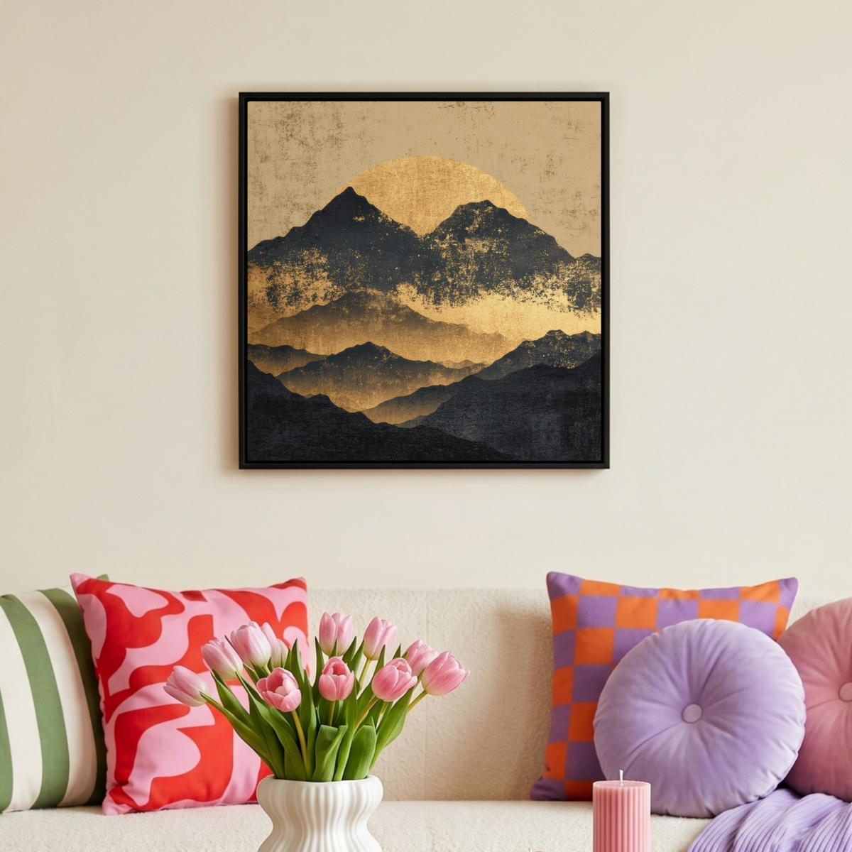 LEINWAND Bilder mit Rahmen - Goldene Berge bei Mondschein - 50x50 - Goldfarben, Textil (50/50cm) - MuchoWow