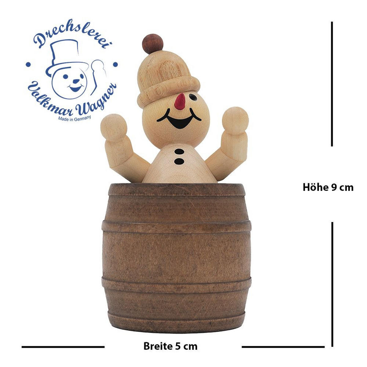 HOLZFIGUR Schneemann Junior liegend im Fass 9 cm - Multicolor, Holz (5/1/0.1cm)