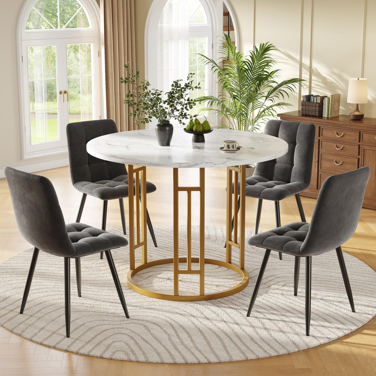 ESSTISCHSET 5-Teilig Rund 80 Cm, MDF Marmor, 4 Graue Stühle, Gold - Multicolor, Holzwerkstoff (84.99/11.99/88.01cm) - FLIEKS
