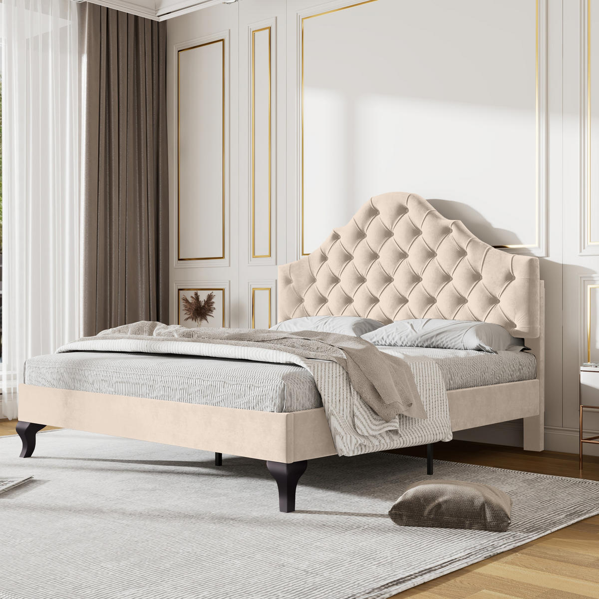 POLSTERBETT 140/190 cm beige aus Samt mit höhenverstellbarem Kopfteil - Beige, Textil (140/190cm) - OKWISH